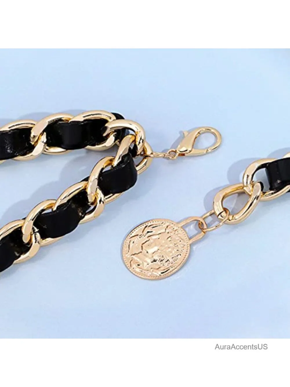 Layered Metal Chain Leather Waist Belt for Women Dressy Street Style